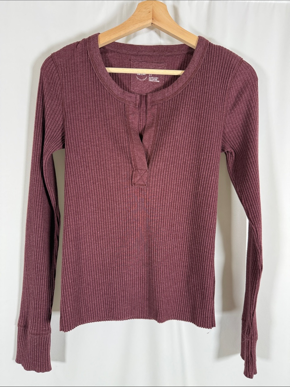 aerie Ribbed Henley Long Sleeve Top - Plum Wine